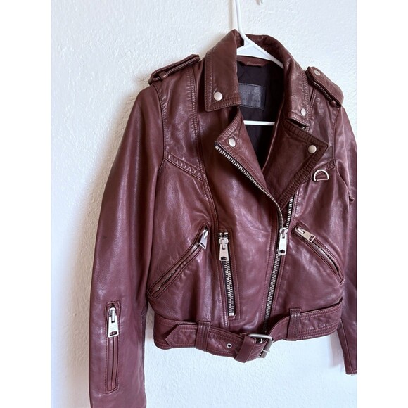 ALLSAINTS Women’s Burgandy Lined Leather Jacket Gidley Biker Moto US Size 2 WARM - Picture 7 of 8